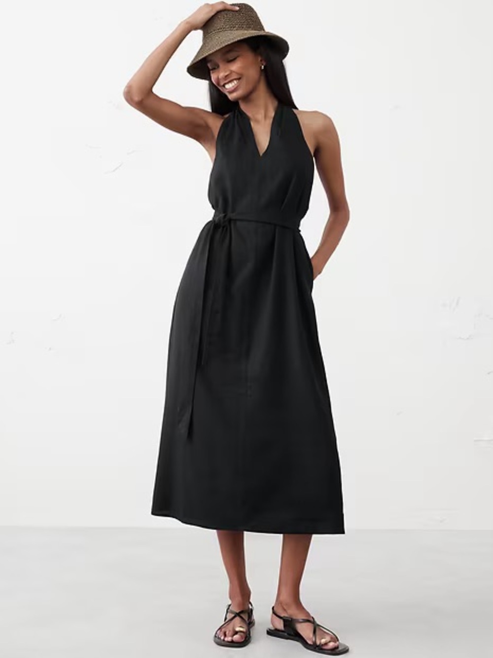 NWT! BANANA REPUBLIC BLACK LINEN-BLEND TWIST-BACK MIDI DRESS - 🦦🩰